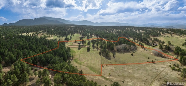 bird's eye view featuring a forest view and a mountain view