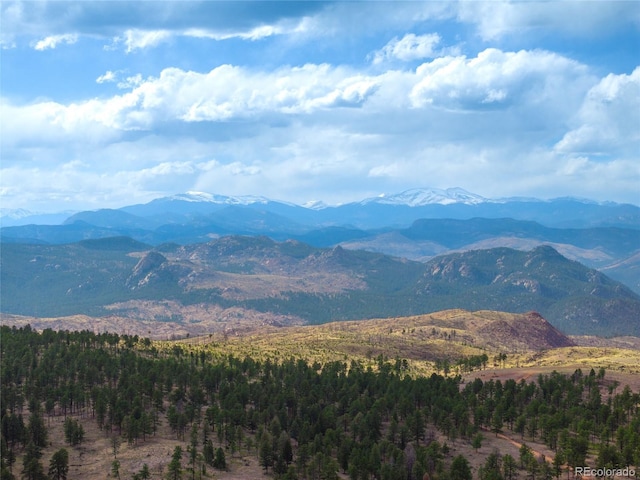 property view of mountains featuring a forest view