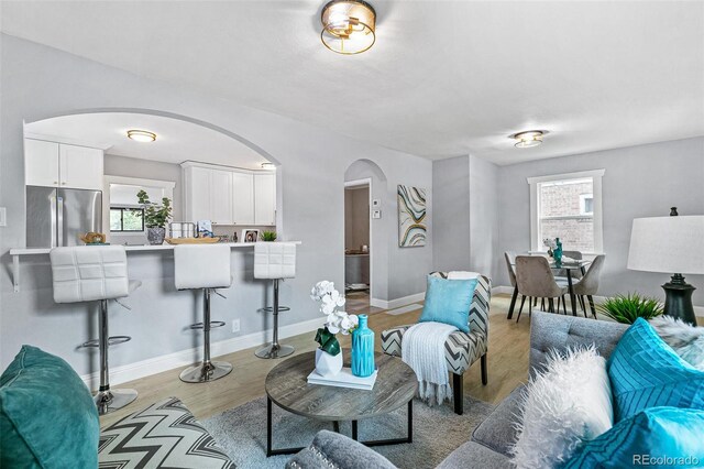 living room with a healthy amount of sunlight and light hardwood / wood-style floors