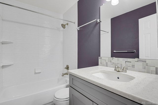 full bathroom with toilet, shower / tub combination, decorative backsplash, and vanity