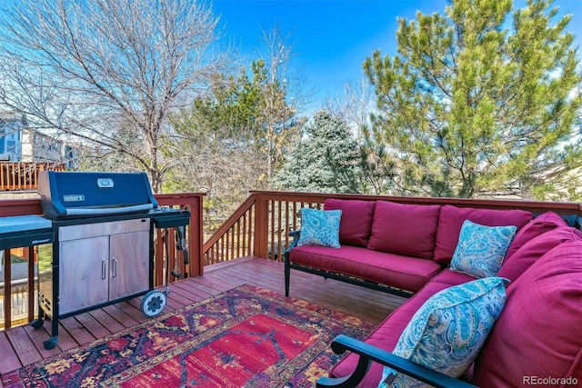 wooden deck featuring an outdoor living space