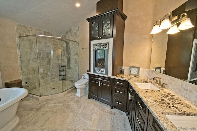 full bathroom featuring vanity, toilet, plus walk in shower, and lofted ceiling