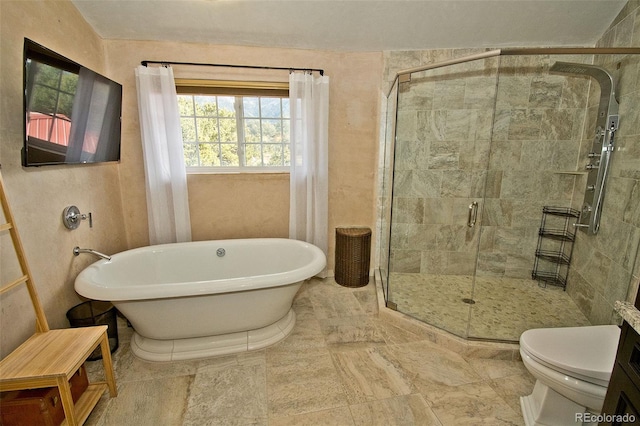 full bathroom with shower with separate bathtub, toilet, and vanity