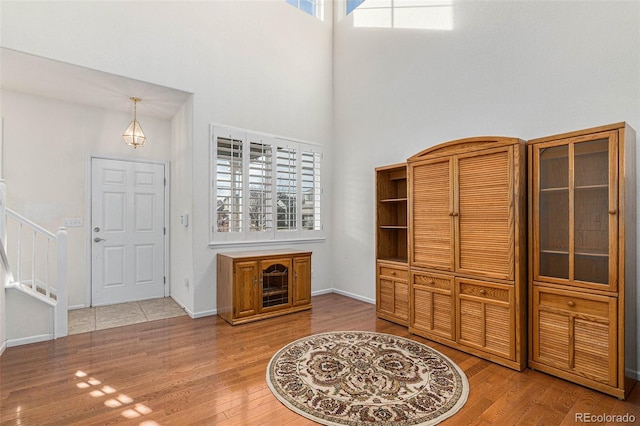 foyer with hardwood / wood-style flooring, a healthy amount of sunlight, and a high ceiling