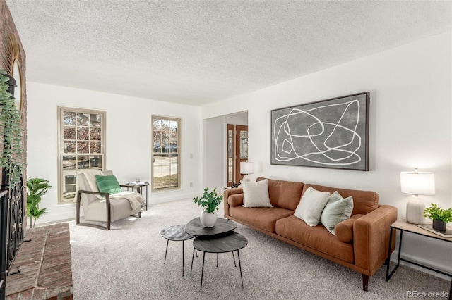 living area with carpet flooring and a textured ceiling