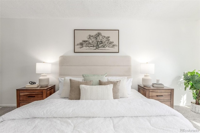 bedroom featuring a textured ceiling, carpet, and baseboards