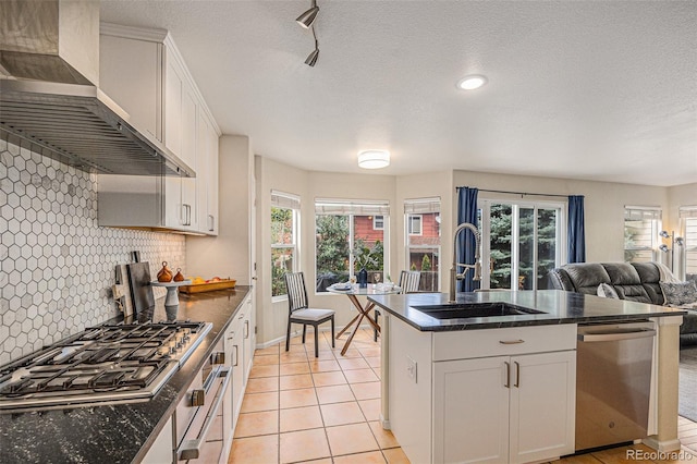 3289 Cummings Dr, Erie, CO 80516 - kitchen featuring appliances with stainless steel finishes, wall chimney exhaust hood, decorative backsplash, a kitchen island with sink, and healthy amount of natural light