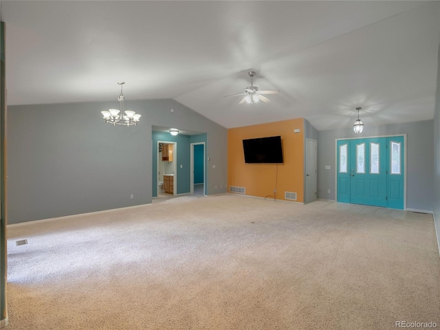 1436 H St Unit D, Salida, CO 81201 - unfurnished living room featuring vaulted ceiling, a chandelier, light carpet, and ceiling fan