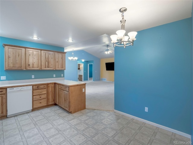 1436 H St Unit D, Salida, CO 81201 - kitchen with white dishwasher, a chandelier, light countertops, a peninsula, and ceiling fan