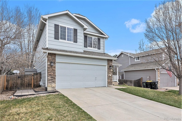 23813 Broadmoor Dr, Parker, CO 80138 - traditional-style house featuring a garage, driveway, stone siding, and fence