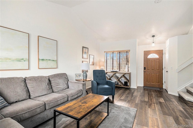 23813 Broadmoor Dr, Parker, CO 80138 - living area featuring baseboards, stairway, and dark wood-style floors