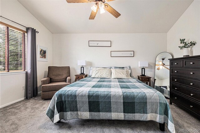 23813 Broadmoor Dr, Parker, CO 80138 - bedroom with ceiling fan, light colored carpet, baseboards, and lofted ceiling