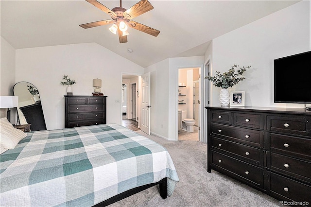 23813 Broadmoor Dr, Parker, CO 80138 - bedroom featuring ensuite bathroom, baseboards, ceiling fan, light carpet, and lofted ceiling