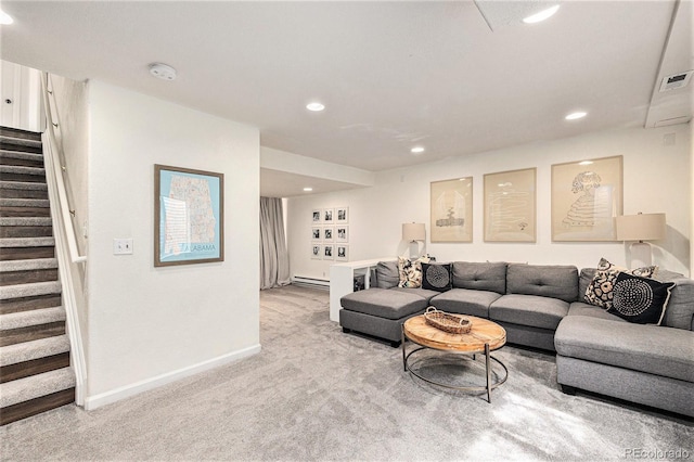 23813 Broadmoor Dr, Parker, CO 80138 - living room featuring baseboards, light carpet, recessed lighting, stairs, and visible vents