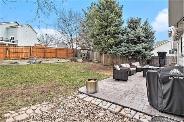 23813 Broadmoor Dr, Parker, CO 80138 - view of yard featuring a garden, a patio, an outdoor living space, and a fenced backyard