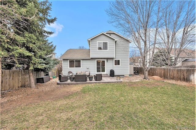 23813 Broadmoor Dr, Parker, CO 80138 - back of property featuring roof with shingles, an outdoor living space, a patio area, a fenced backyard, and a lawn