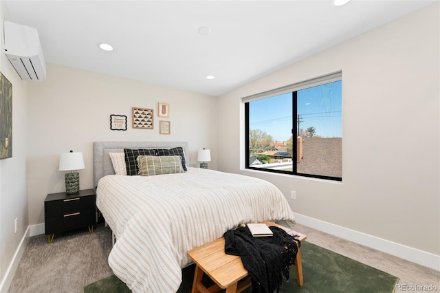 carpeted bedroom featuring baseboards, recessed lighting, and a wall mounted air conditioner