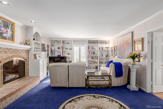 living room featuring built in features, carpet floors, ornamental molding, and a brick fireplace