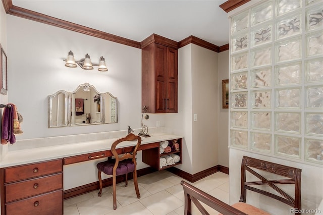 bathroom with tile patterned flooring and ornamental molding