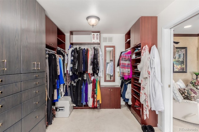 spacious closet featuring light colored carpet