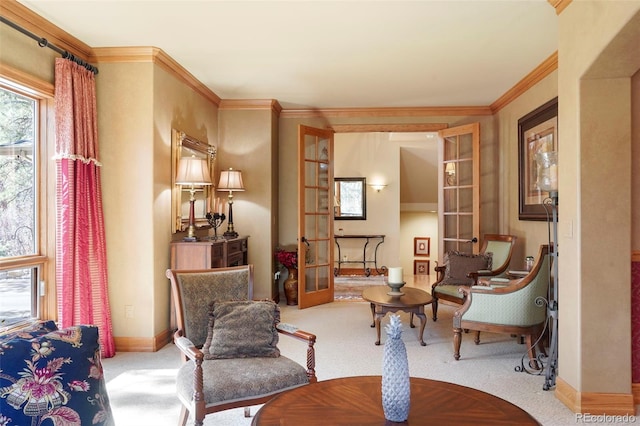 20050 Lost Arrowhead Dr, Monument, CO 80132 - sitting room featuring carpet flooring, crown molding, french doors, and baseboards
