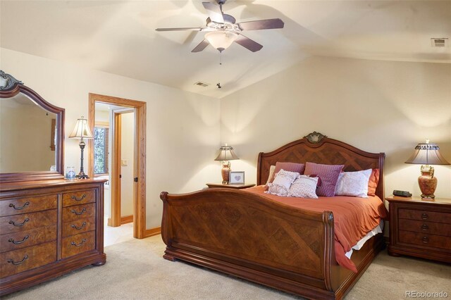 20050 Lost Arrowhead Dr, Monument, CO 80132 - bedroom with light colored carpet, lofted ceiling, and a ceiling fan