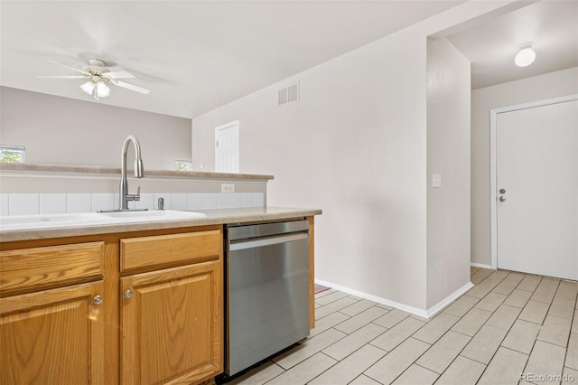 kitchen featuring sink, dishwasher, and ceiling fan