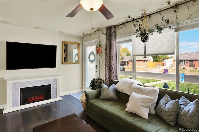 living room with ceiling fan, plenty of natural light, and wood-type flooring