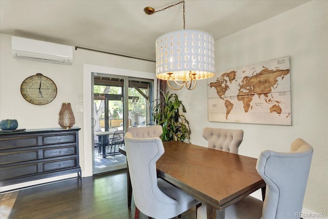 dining space featuring a notable chandelier, dark hardwood / wood-style flooring, and a wall mounted AC