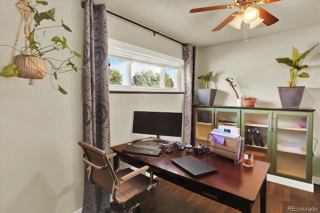 home office with ceiling fan and dark wood-type flooring