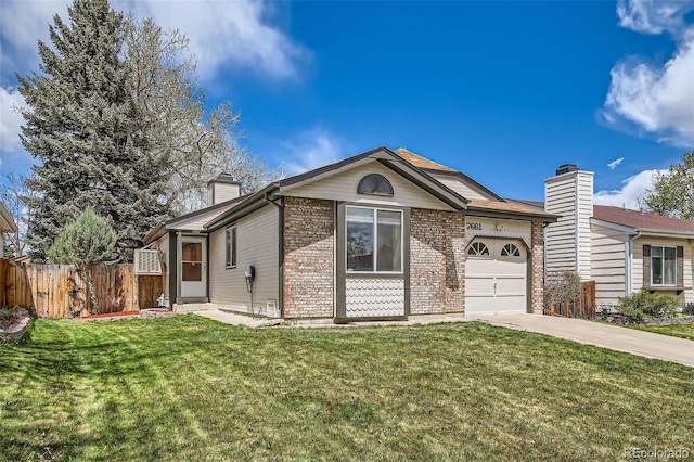 ranch-style house featuring fence, an attached garage, a front lawn, a chimney, and driveway