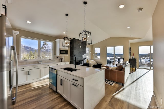 kitchen featuring white cabinets, a kitchen island with sink, a healthy amount of sunlight, and sink