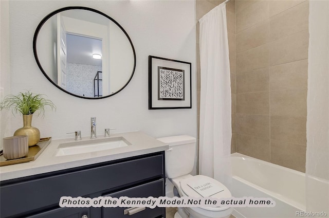 full bathroom featuring vanity, shower / bath combination with curtain, and toilet