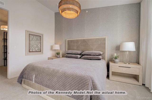 bedroom with light carpet and a towering ceiling