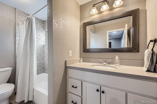 3378 Mowry Pl, Westminster, CO 80031 - full bath featuring a textured wall, toilet, vanity, and shower / bathtub combination with curtain