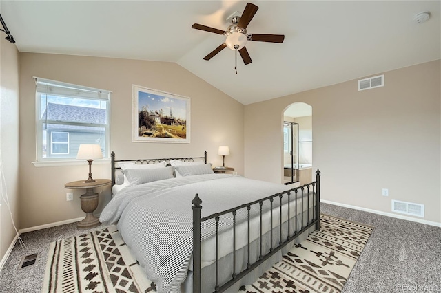 bedroom featuring ceiling fan, lofted ceiling, and carpet floors