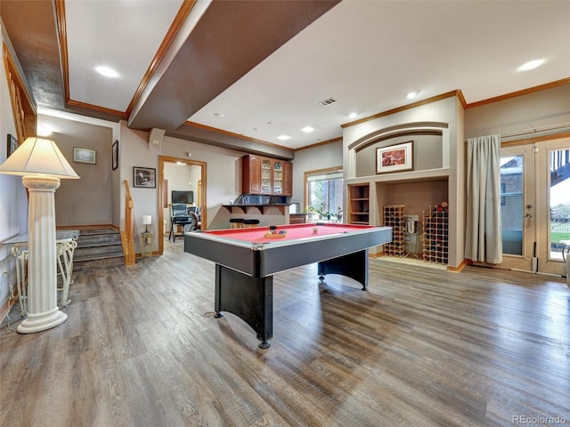 6533 S Quemoy Way, Aurora, CO 80016 - game room with billiards, crown molding, baseboards, and wood finished floors