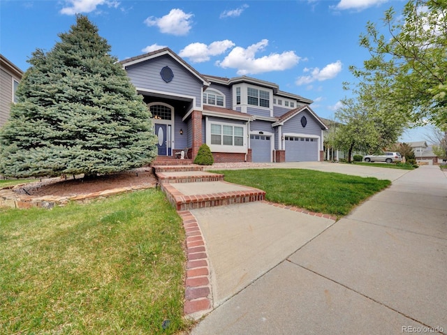 6533 S Quemoy Way, Aurora, CO 80016 - traditional home with concrete driveway, brick siding, a front lawn, and a garage