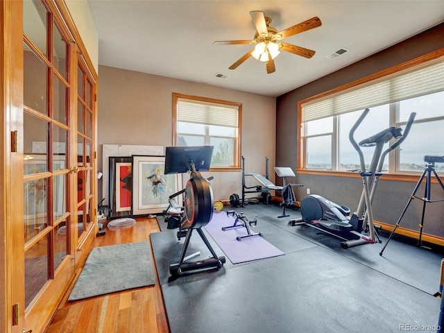 6533 S Quemoy Way, Aurora, CO 80016 - workout room with ceiling fan, french doors, and visible vents