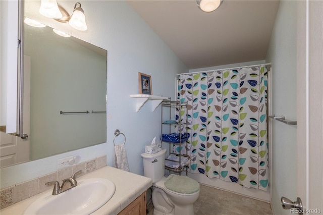 bathroom with toilet, vanity, and shower / bathtub combination with curtain