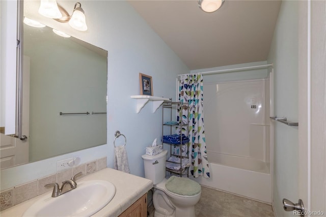 full bathroom featuring shower / bath combination with curtain, vanity, and toilet