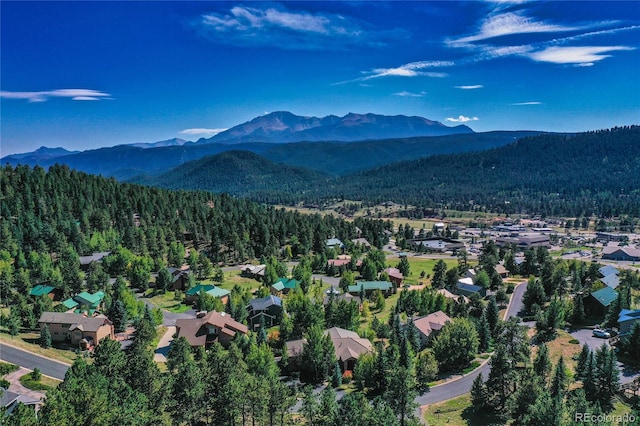 bird's eye view with a wooded view and a mountain view