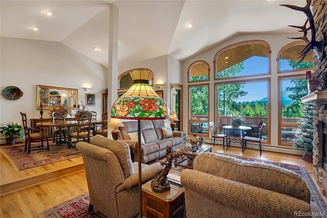 living area featuring high vaulted ceiling, a baseboard heating unit, wood finished floors, and a fireplace