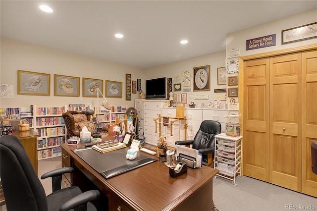 carpeted home office with recessed lighting