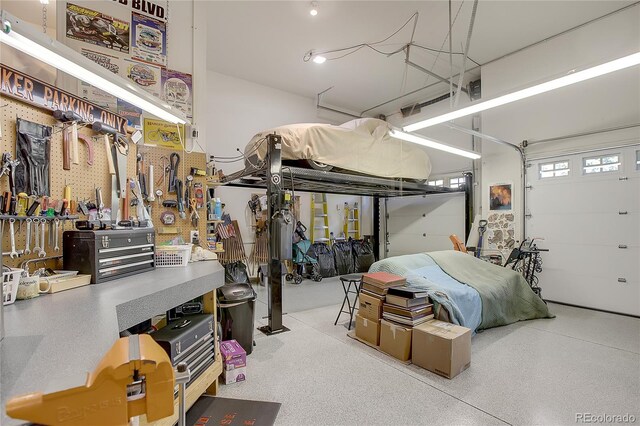garage featuring a workshop area