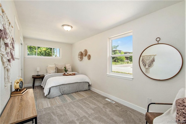 bedroom featuring multiple windows and light carpet