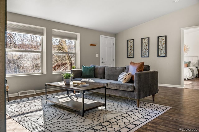 living room with hardwood / wood-style flooring and vaulted ceiling