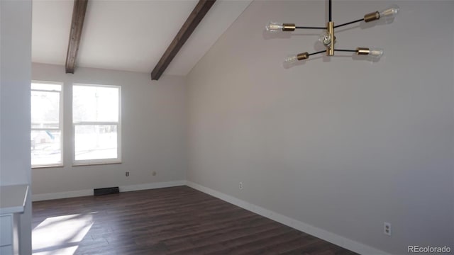 empty room with dark hardwood / wood-style floors and lofted ceiling with beams