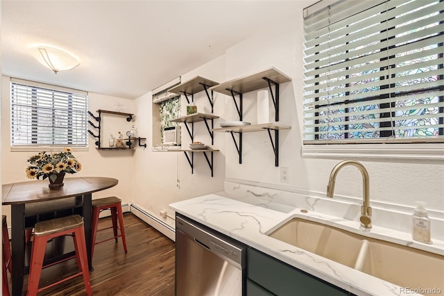 kitchen with open shelves, a sink, dishwasher, dark wood finished floors, and a baseboard radiator