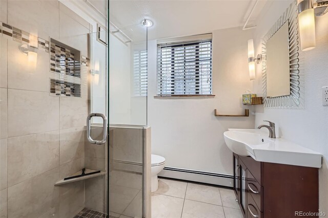 2233 Kearney St Unit 19, Denver, CO 80207 - full bath featuring baseboard heating, tile patterned flooring, vanity, toilet, and a shower stall